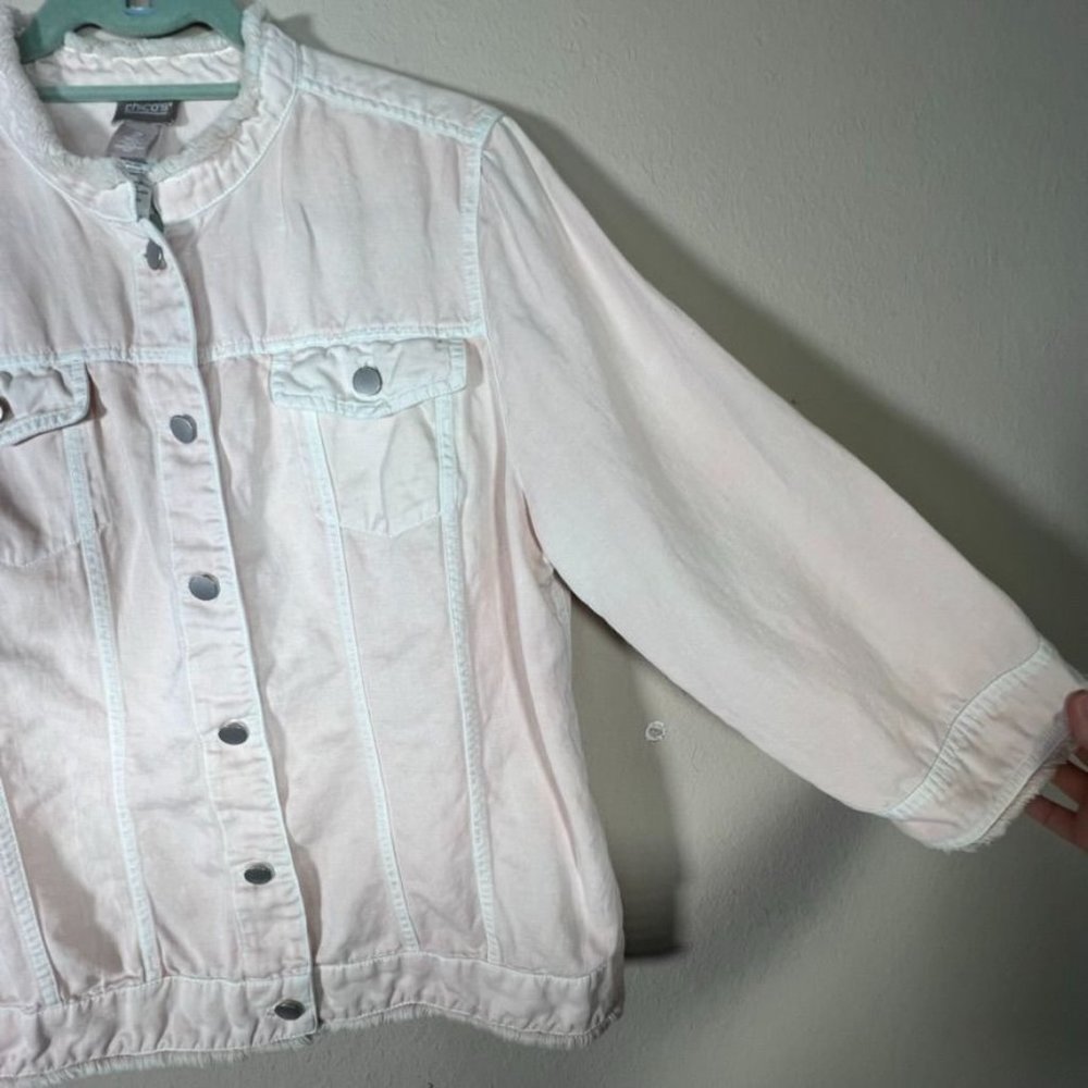 Chico's Pink Faded Jacket Fringe Button Up Size Large Cotton Linen - Picture 6 of 11